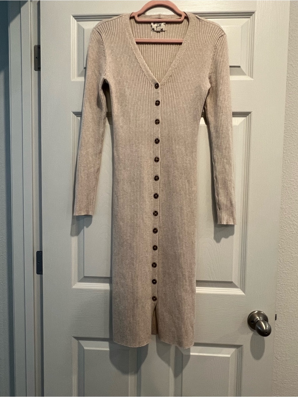Hippie Rose Cream Ribbed Button-Front Long Sleeve Midi Dress